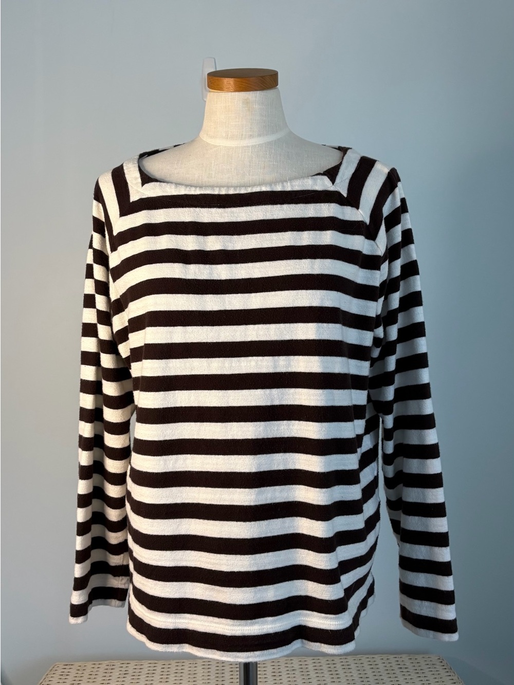 LOFT Striped Long-Sleeve Boatneck Top - Brown & White